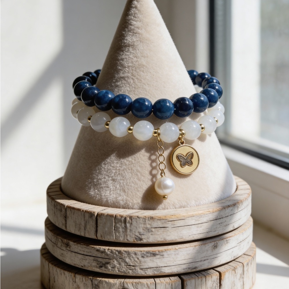Chic Blue and White Beaded Bracelet with Butterfly Charm
